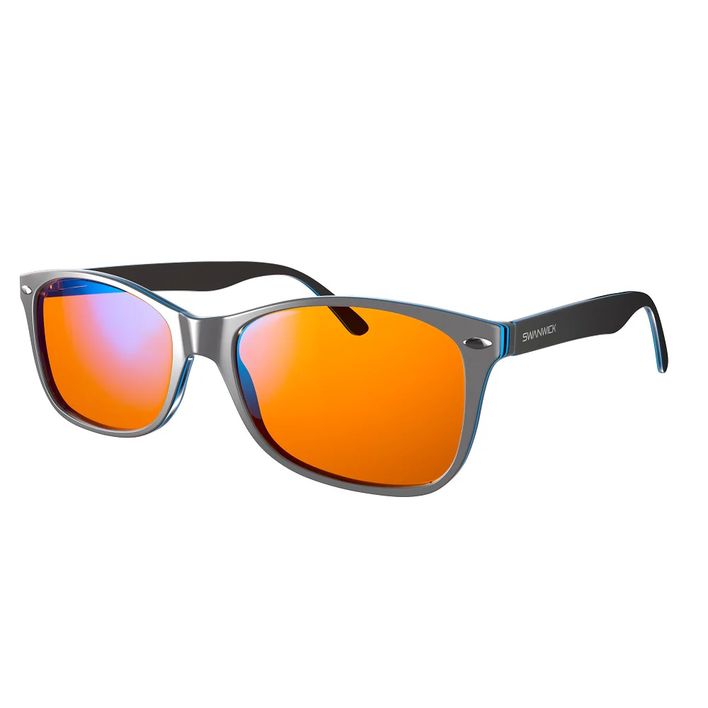 Stylish blue light blocking sunglasses with orange lenses.